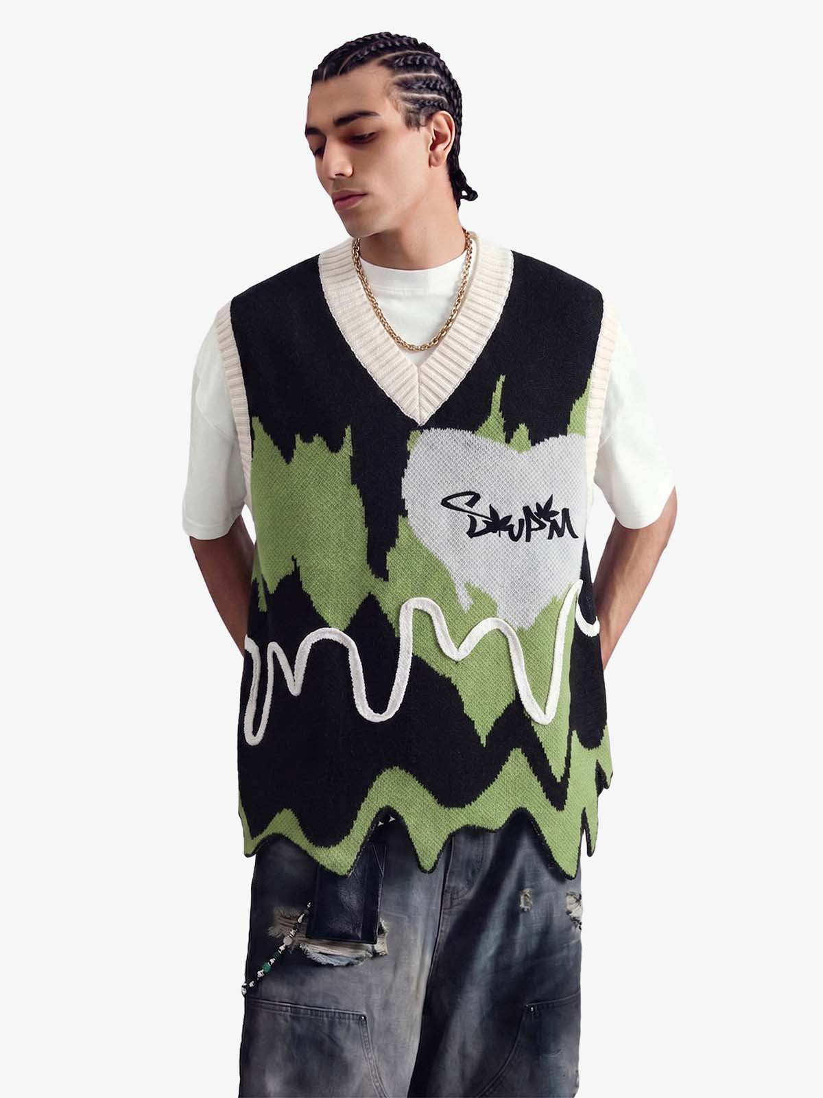 Thesupermade Graffiti Love V-neck Irregular Sweater - 1695 - Black / S