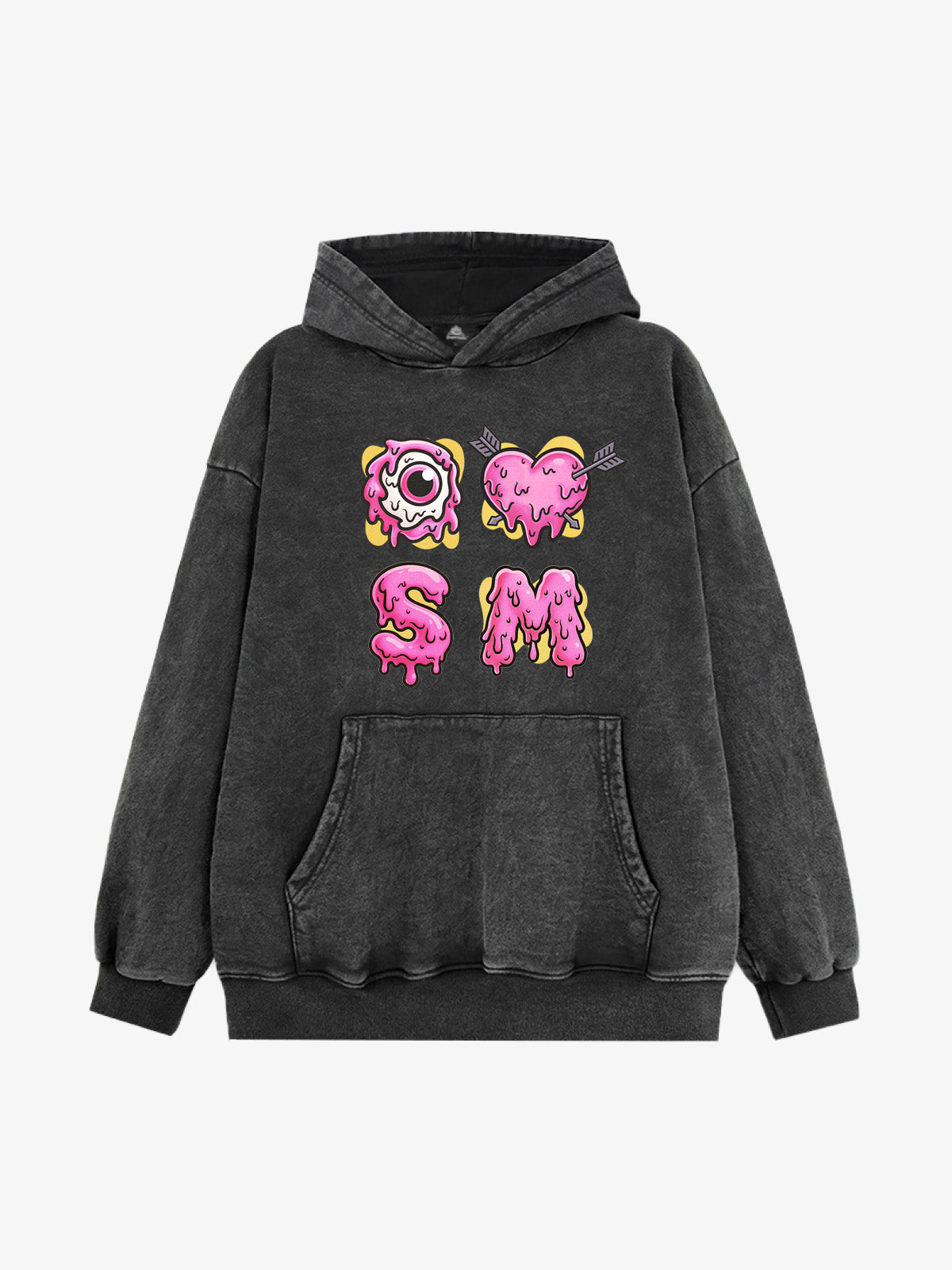Street Dripping Letter Eyeball Graffiti Hoodie - Washed Black / M