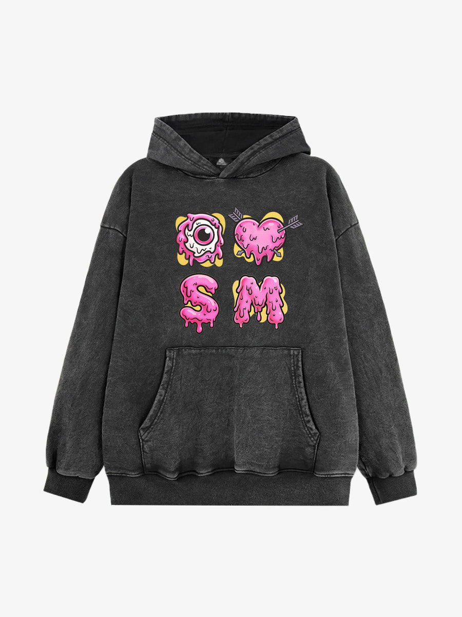 Street Dripping Letter Eyeball Graffiti Hoodie - Washed Black / M