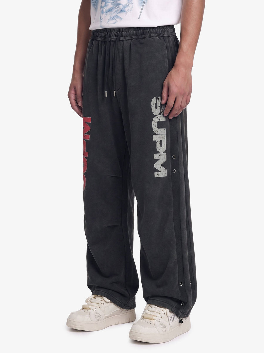 Street Washed Mottled Rivet Letter Print Baggy Sweatpants - Washed Black / S