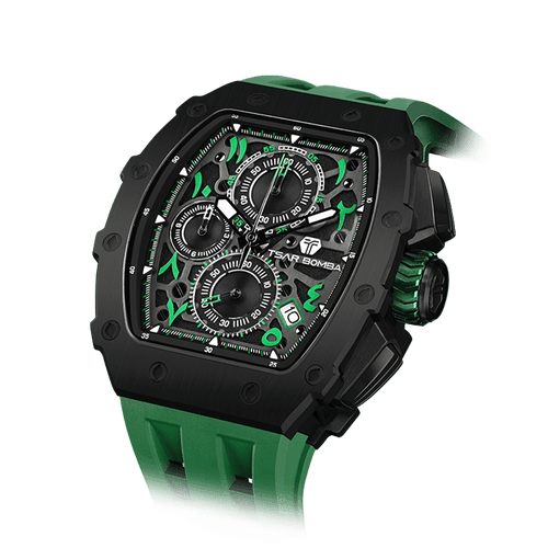 TSAR BOMBA schwarze Uhr– Herren-Chronograph mit Bio-Keramik-Lünette, Saphirglas, Silikonarmband, stilvolles Quarzuhrwerk für Geschäftsleute. Grün