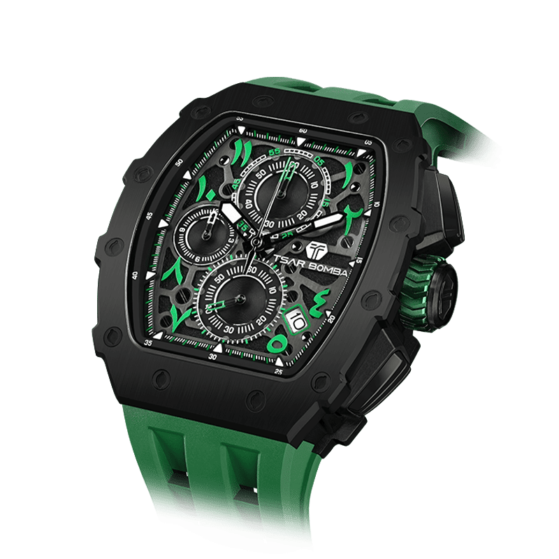 TSAR BOMBA schwarze Uhr– Herren-Chronograph mit Bio-Keramik-Lünette, Saphirglas, Silikonarmband, stilvolles Quarzuhrwerk für Geschäftsleute. Grün