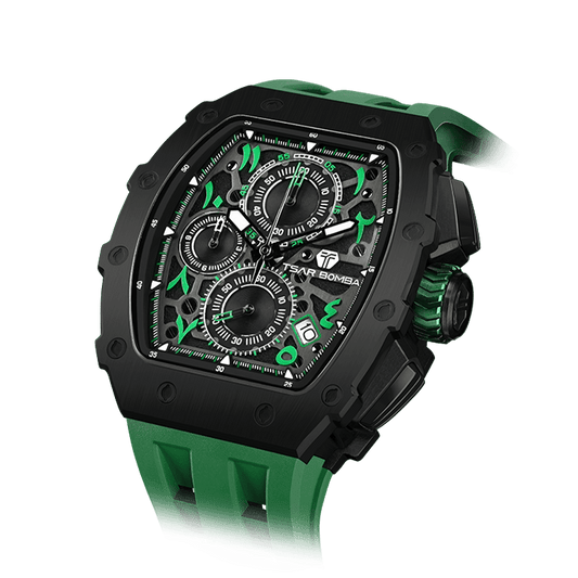 TSAR BOMBA schwarze Uhr– Herren-Chronograph mit Bio-Keramik-Lünette, Saphirglas, Silikonarmband, stilvolles Quarzuhrwerk für Geschäftsleute. Grün