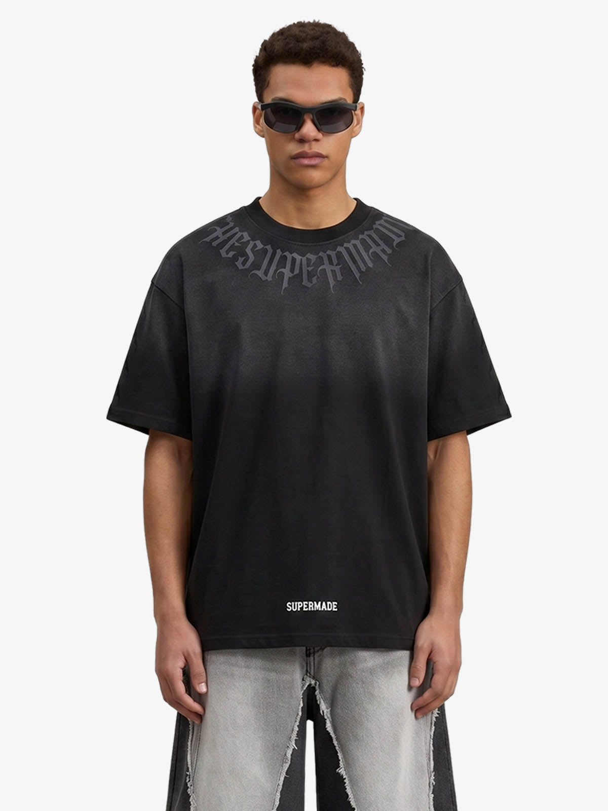 Retro Gradient Letter Printed Washed Oversize T-shirt - Black / S