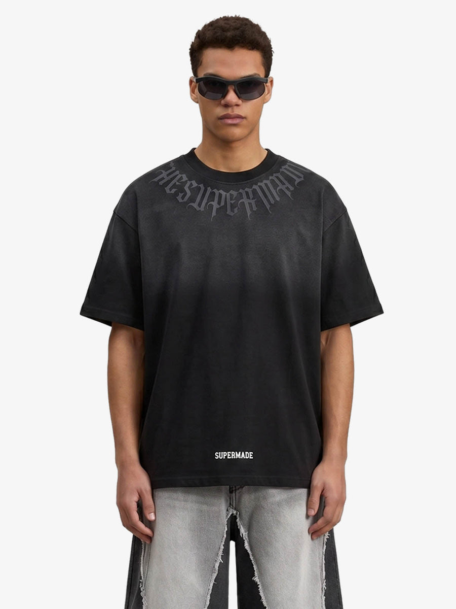 Retro Gradient Letter Printed Washed Oversize T-shirt - Black / S