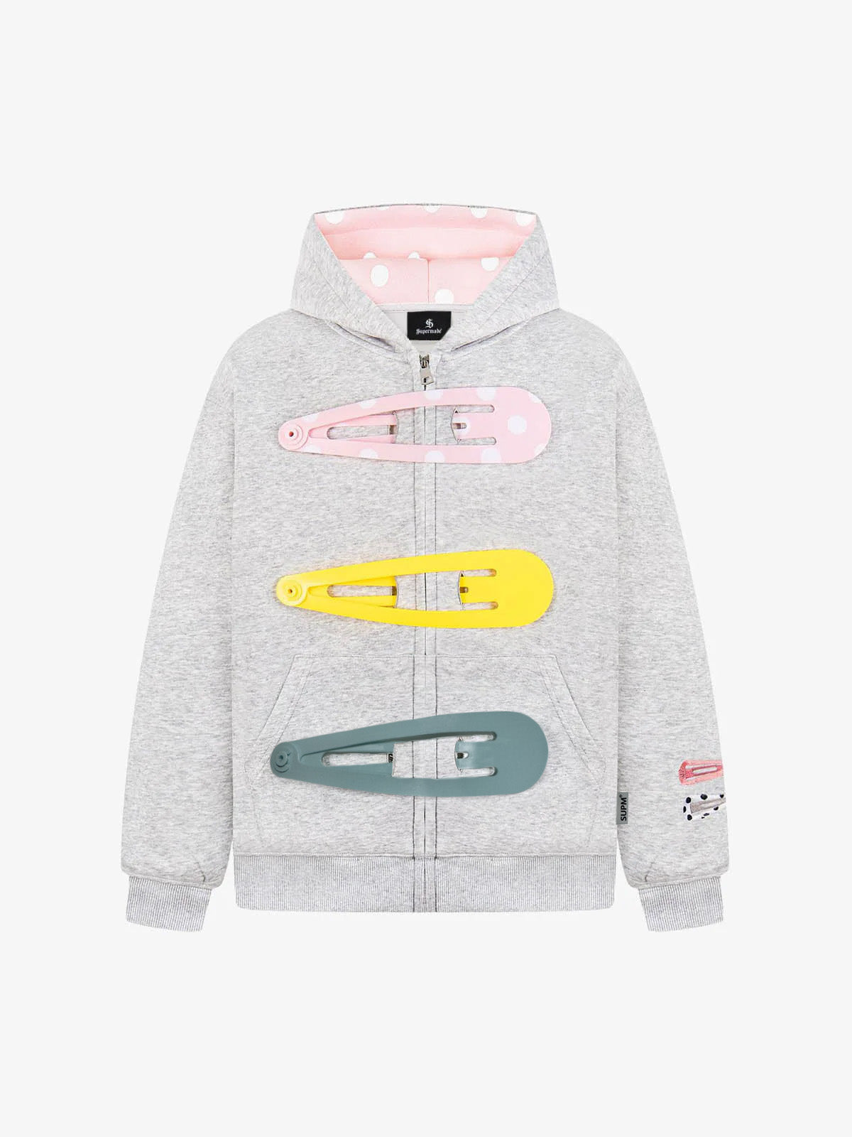 Detachable Hair Clip Decoration Zip Up Hoodie - Gray / M