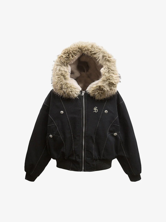 Faux Fur Lined Zip Up Winter Hooded Bomber Jacket - 2560 - Black / S