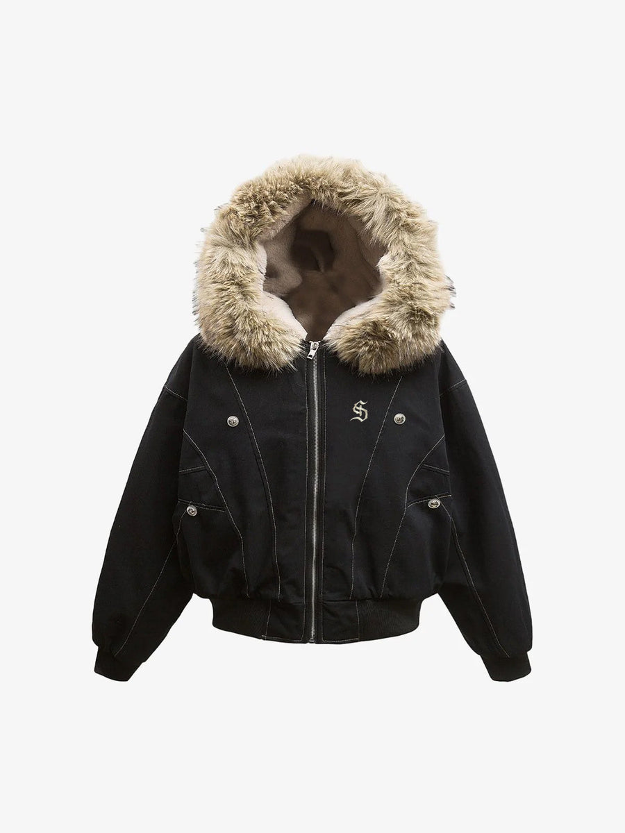Faux Fur Lined Zip Up Winter Hooded Bomber Jacket - 2560 - Black / S