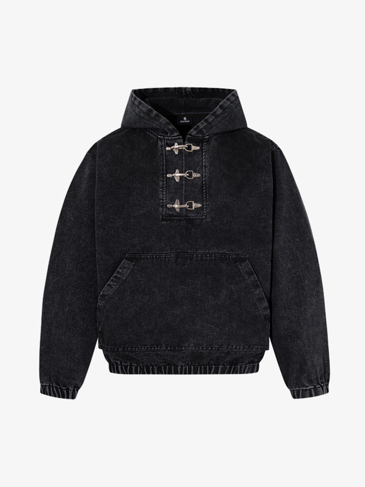 Vintage Washed Denim Metal Toggle Detail Pullover Hoodie - Black / M