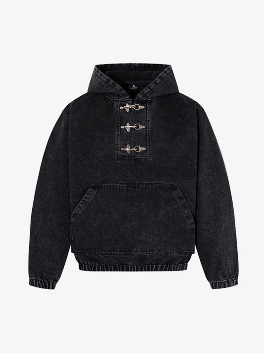 Vintage Washed Denim Metal Toggle Detail Pullover Hoodie - Black / M