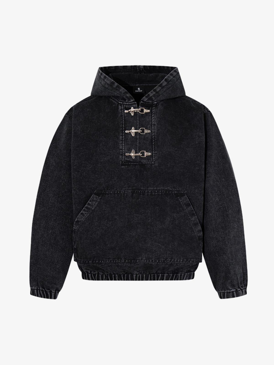 Vintage Washed Denim Metal Toggle Detail Pullover Hoodie - Black / M