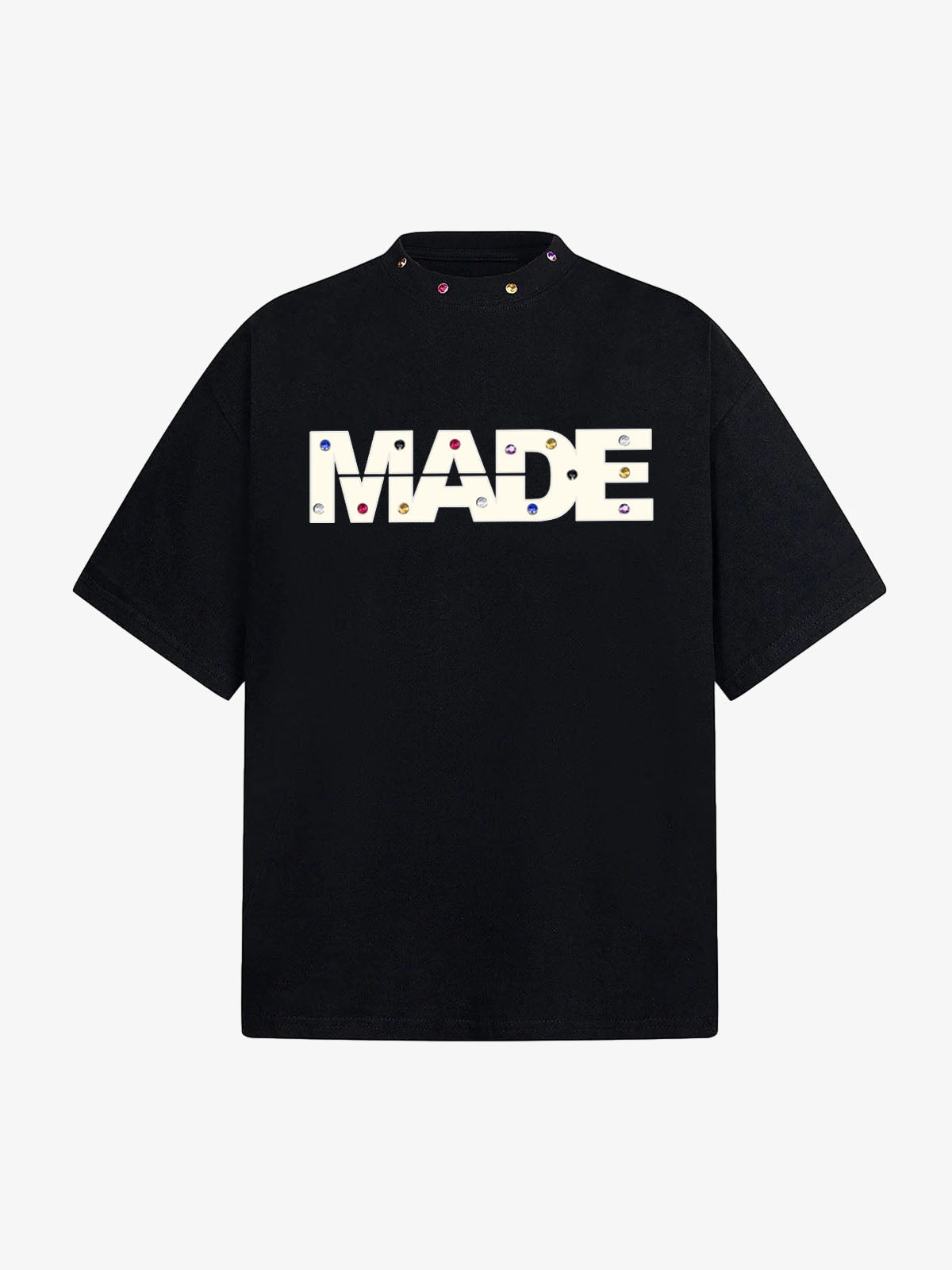 Street Retro MOOD Patch Embroidered Rivet T-shirt - 2440 - Black / M