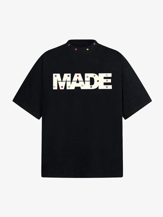 Street Retro MOOD Patch Embroidered Rivet T-shirt - 2440 - Black / M