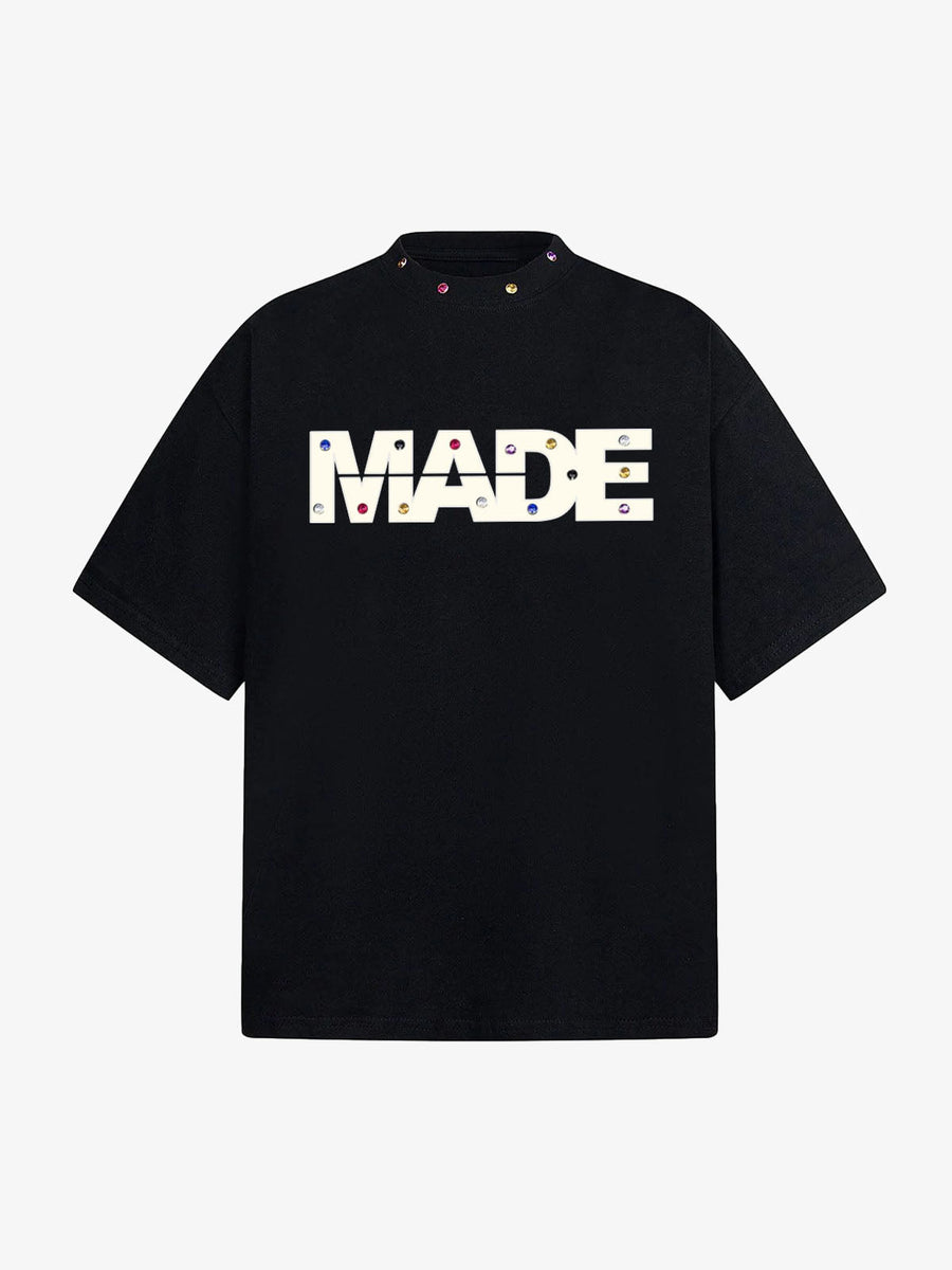 Street Retro MOOD Patch Embroidered Rivet T-shirt - 2440 - Black / M