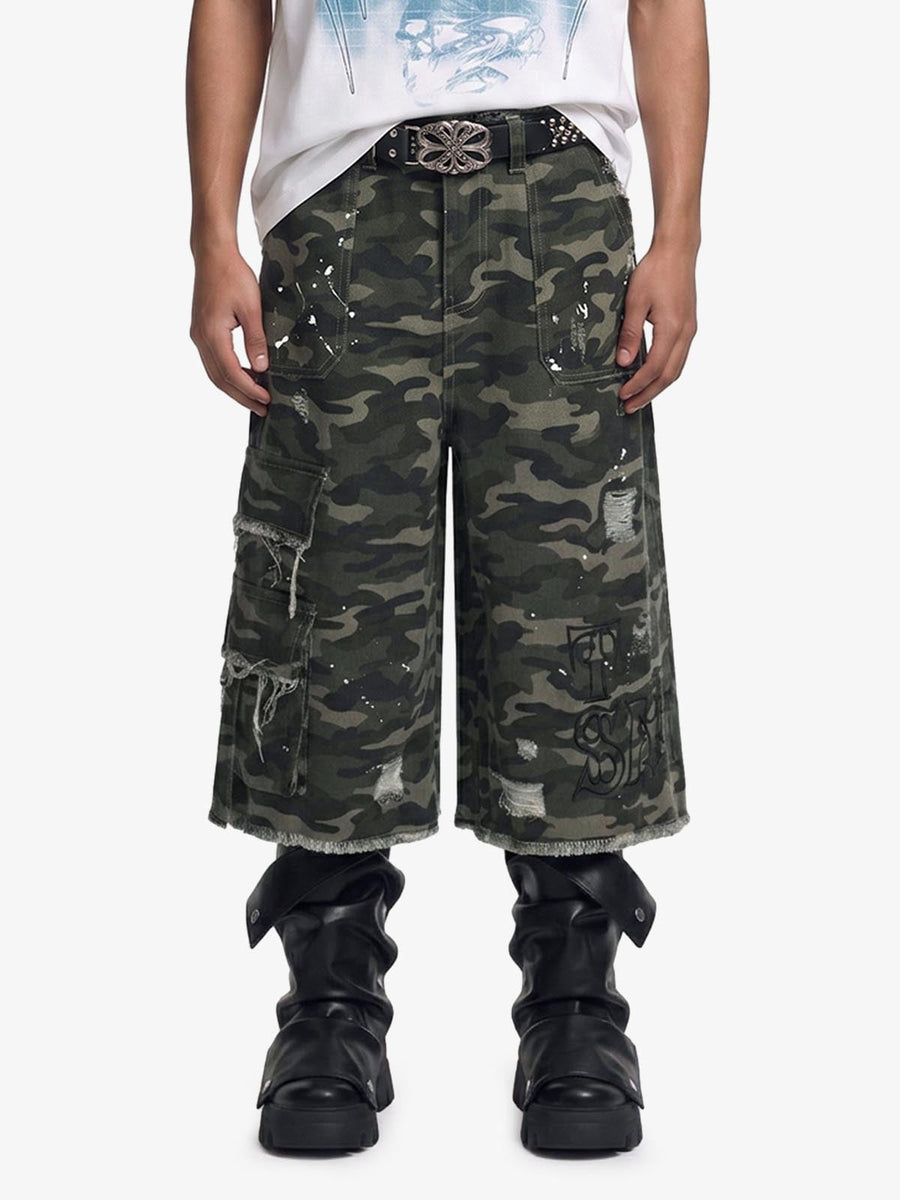 Distressed Camo Multi-Pocket Straight-Leg Jorts - 2611 - Classic Camouflage / M
