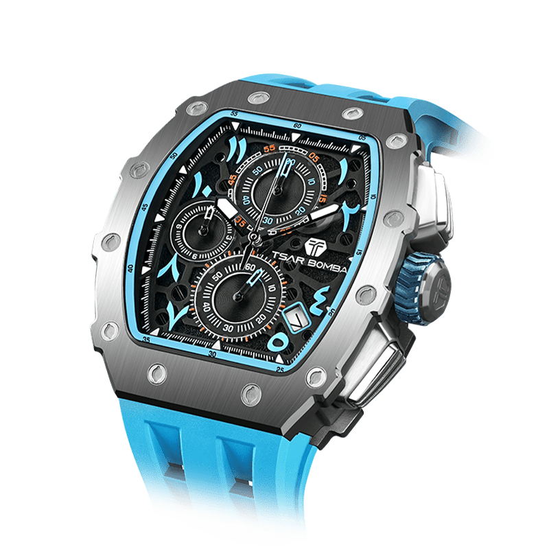TSAR BOMBA men watch – Herren-Chronograph mit Bio-Keramik-Lünette, Saphirglas, Silikonarmband, stilvolles Quarzuhrwerk für Geschäftsleute. Hellblau