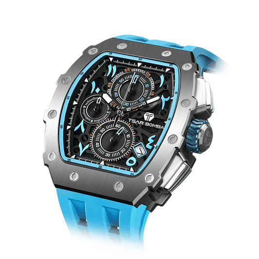 TSAR BOMBA men watch – Herren-Chronograph mit Bio-Keramik-Lünette, Saphirglas, Silikonarmband, stilvolles Quarzuhrwerk für Geschäftsleute. Hellblau