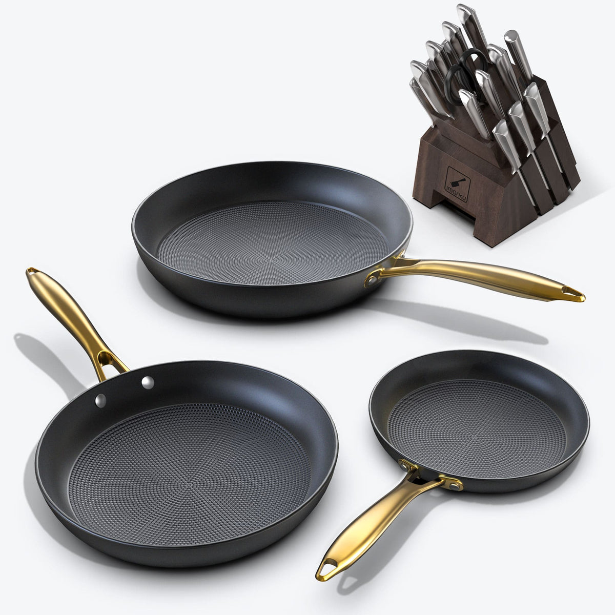 Frying Pan Set with Golden Handle and Redot Awarded Knife Set Bundle - Gray