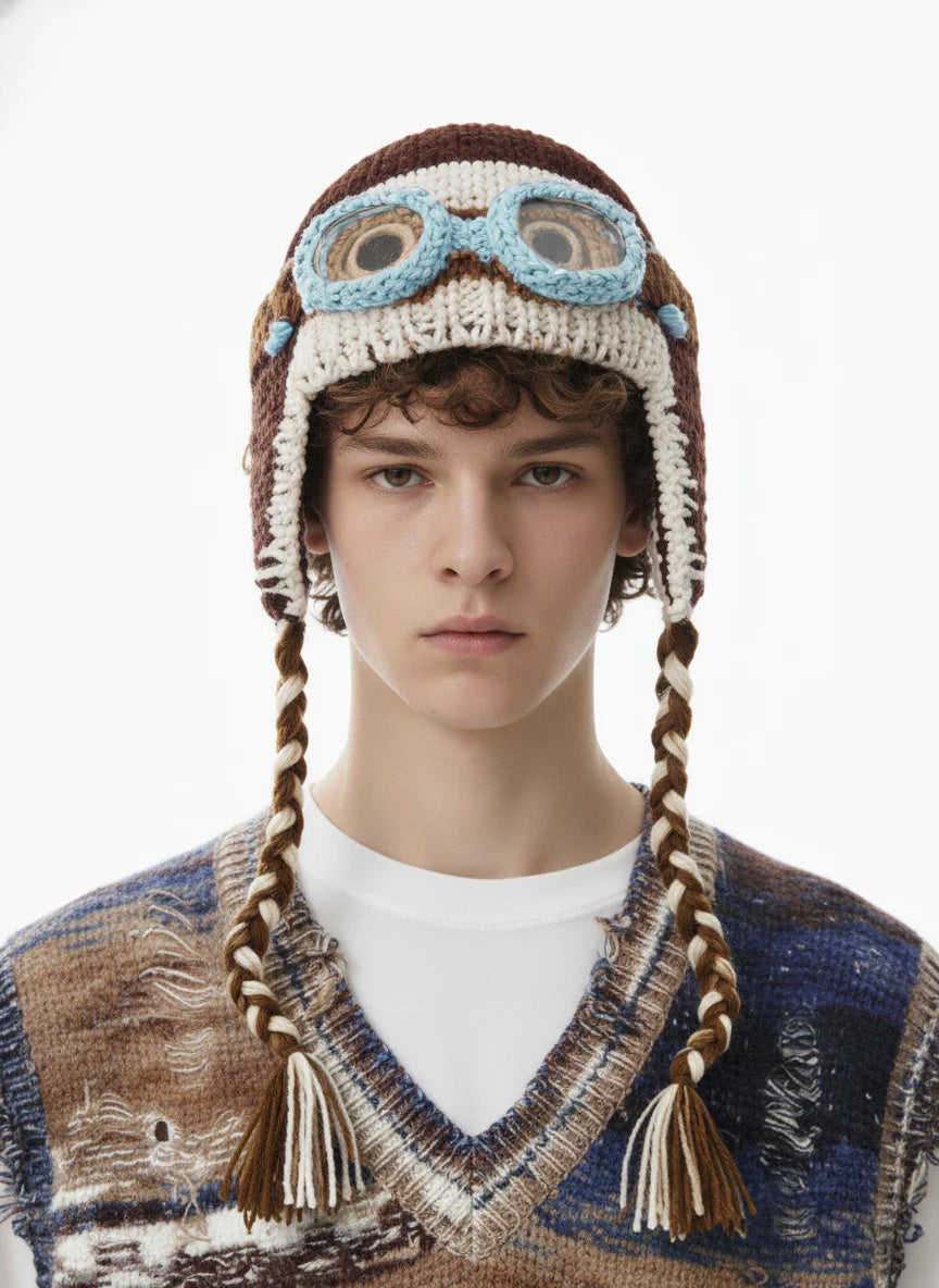 Colorblock Crochet Goggles Trapper Hat - Khaki / ONE SIZE