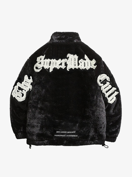 Thesupermade Street Letter Embroidered Fleece Jacket - 1838 - Black / S