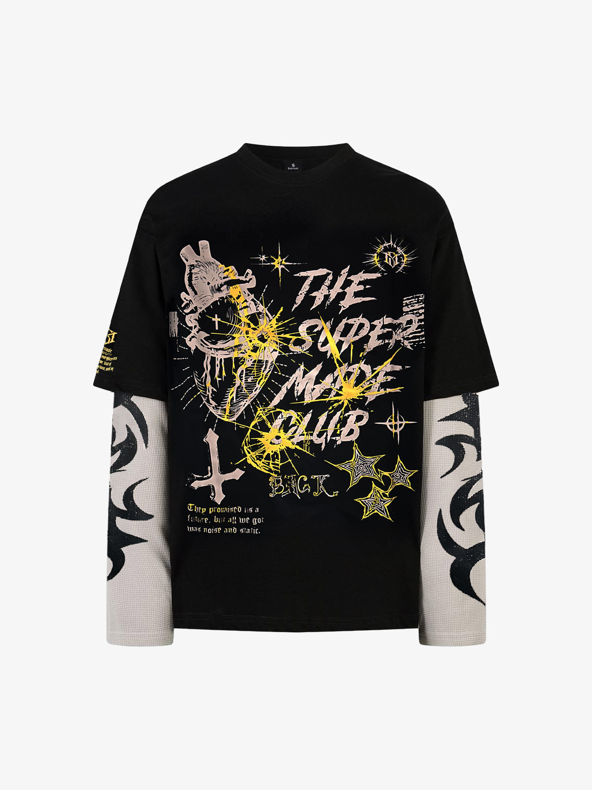 Hip-Hop Punk Faux Two-Piece Long-Sleeved T-Shirt - 2457 - Black / S