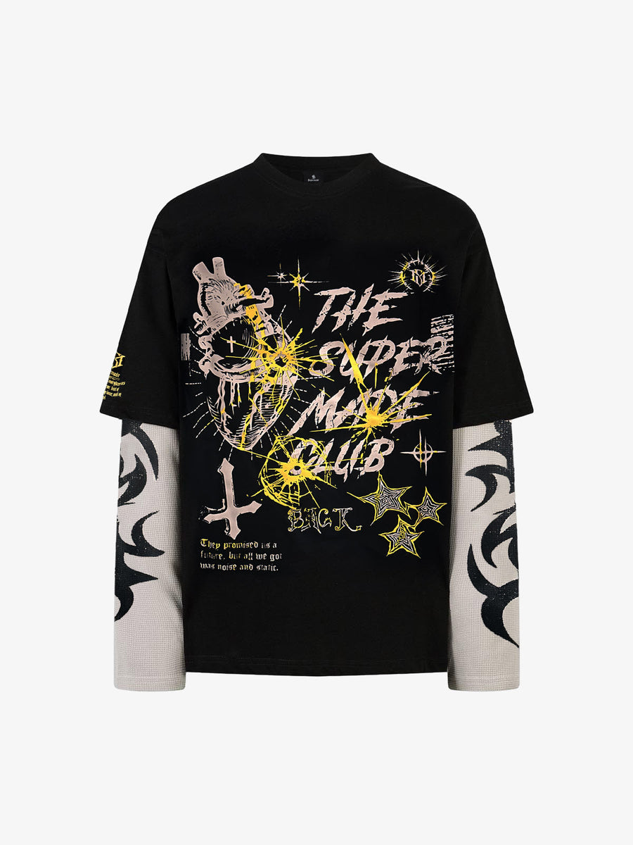 Hip-Hop Punk Faux Two-Piece Long-Sleeved T-Shirt - 2457 - Black / S