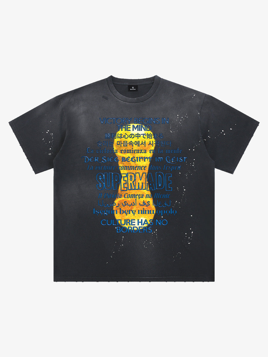Washed World Cup Trophy Multi-Language Graphic T-Shirt - Water-Washed ink black / M