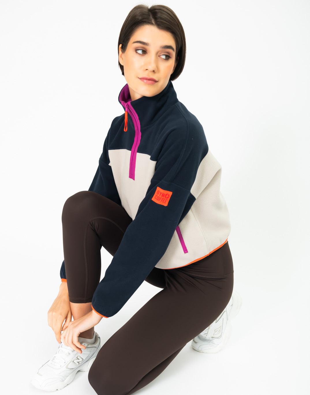 Half Zip Crop Polar Fleece in Obsidian Blue/Cream - XXS/6 / Obsidian/Cream