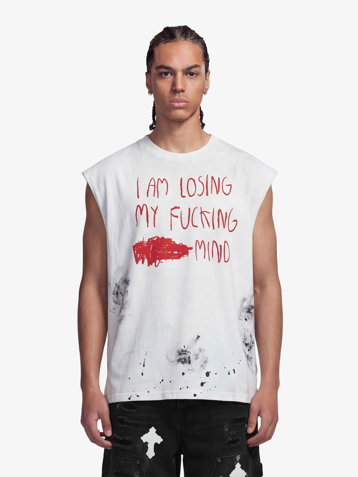 Grunge Slogan Print Distressed Raw Hem Sleeveless T-Shirt - 2612 - White / S