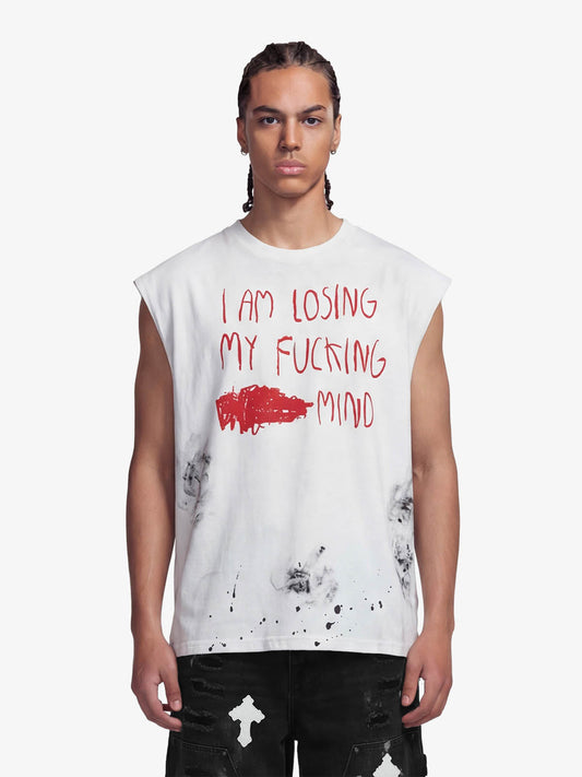 Grunge Slogan Print Distressed Raw Hem Sleeveless T-Shirt - 2612 - White / S