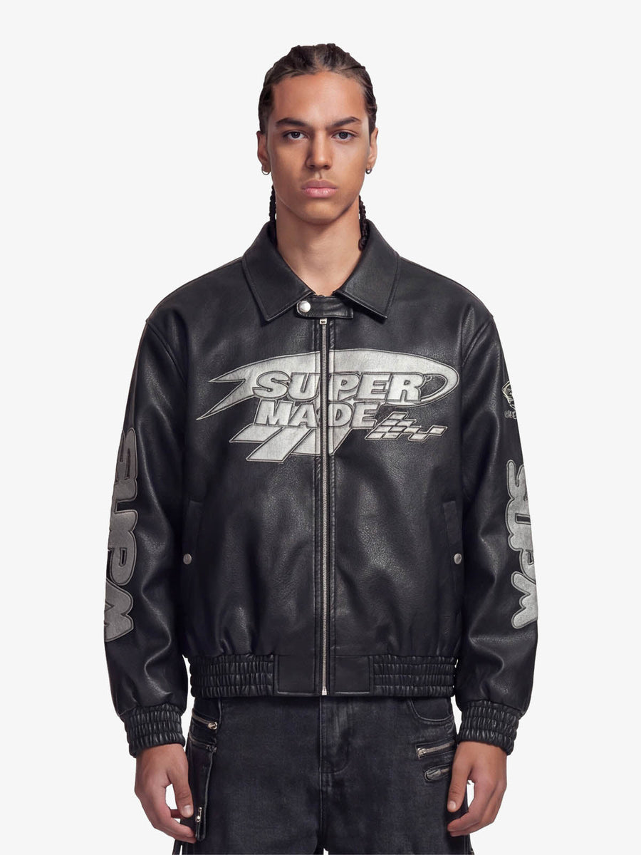 Faux Leather Vintage Street Black Air Jacket - 1821 - Black / M