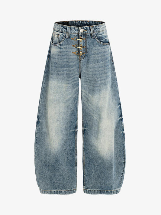 Washed Metal Hook Front Design Barrel Jeans - Blue / S
