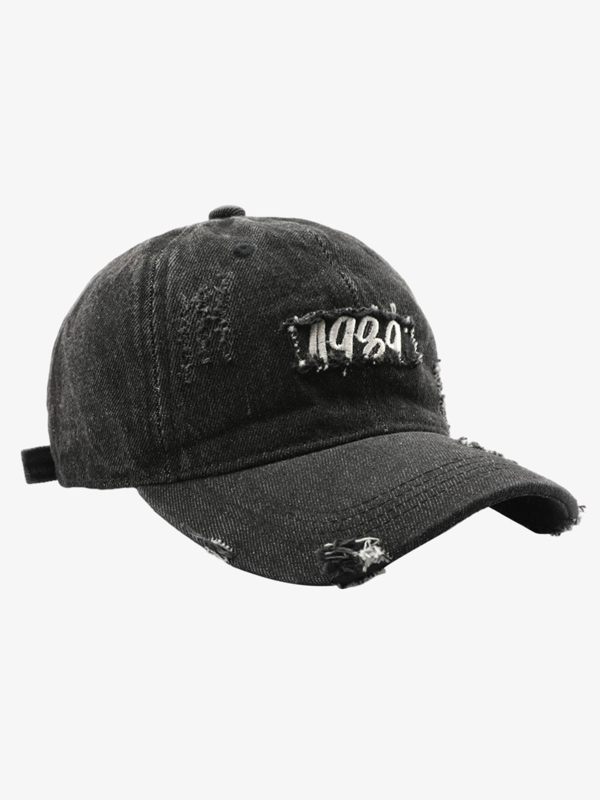 1989 Embroidery Distressed Denim Baseball Cap - Black
