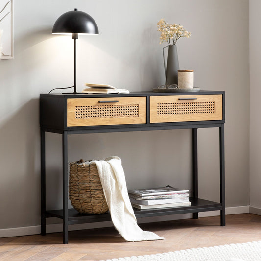 FineBuy Konsolentisch Schwarz 100x30x75 cm Design Anrichte Flur, Ablagetisch Schmal mit Wiener Geflecht, Flurtisch mit Schubladen und Ablage, Dielenti