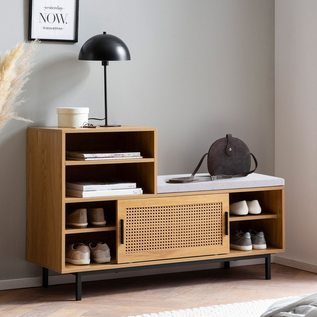 FineBuy Schuhbank mit Sitzfläche 120x75,5x40 cm Garderobenbank Eiche-Dekor, Sitzbank Rattan Klein Gepolstert, Bank Schmal Flur mit Stauraum, Flurbank 