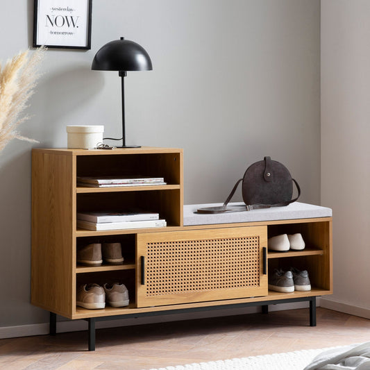 FineBuy Schuhbank mit Sitzfläche 120x75,5x40 cm Garderobenbank Eiche-Dekor, Sitzbank Rattan Klein Gepolstert, Bank Schmal Flur mit Stauraum, Flurbank 