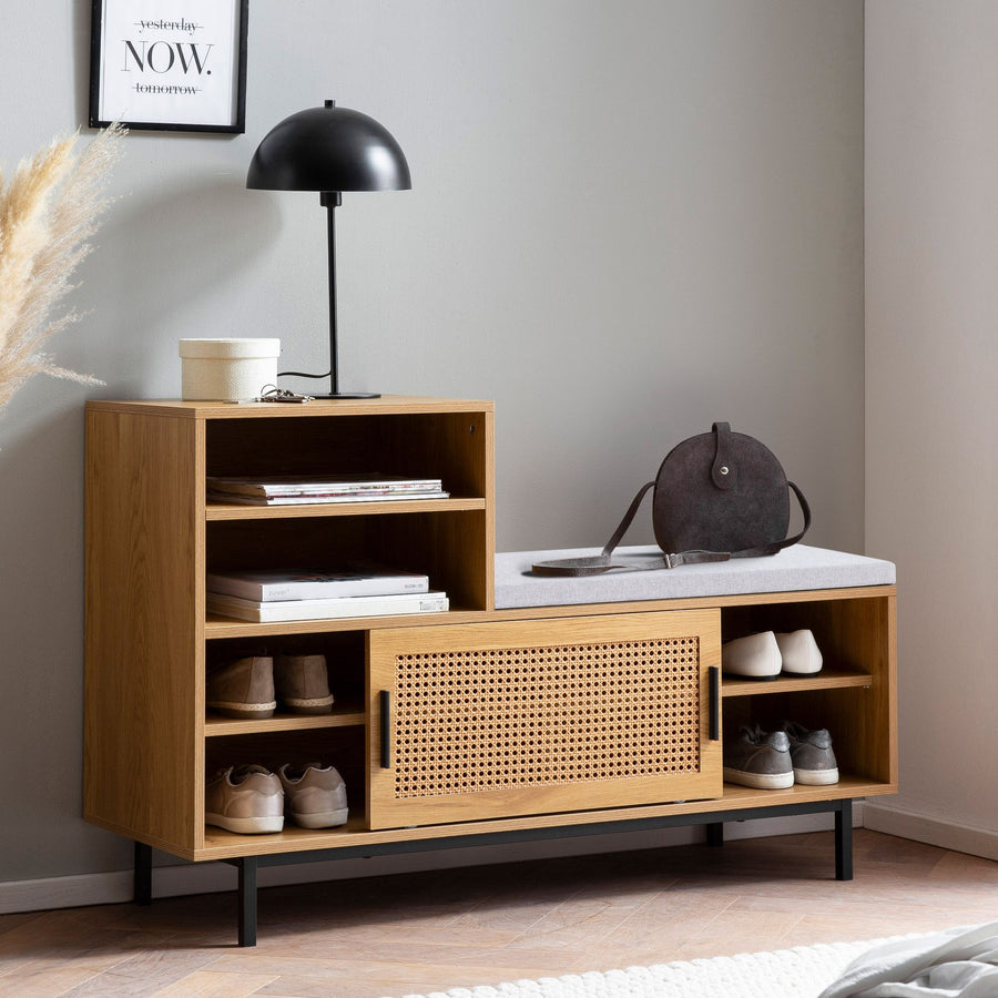 FineBuy Schuhbank mit Sitzfläche 120x75,5x40 cm Garderobenbank Eiche-Dekor, Sitzbank Rattan Klein Gepolstert, Bank Schmal Flur mit Stauraum, Flurbank 