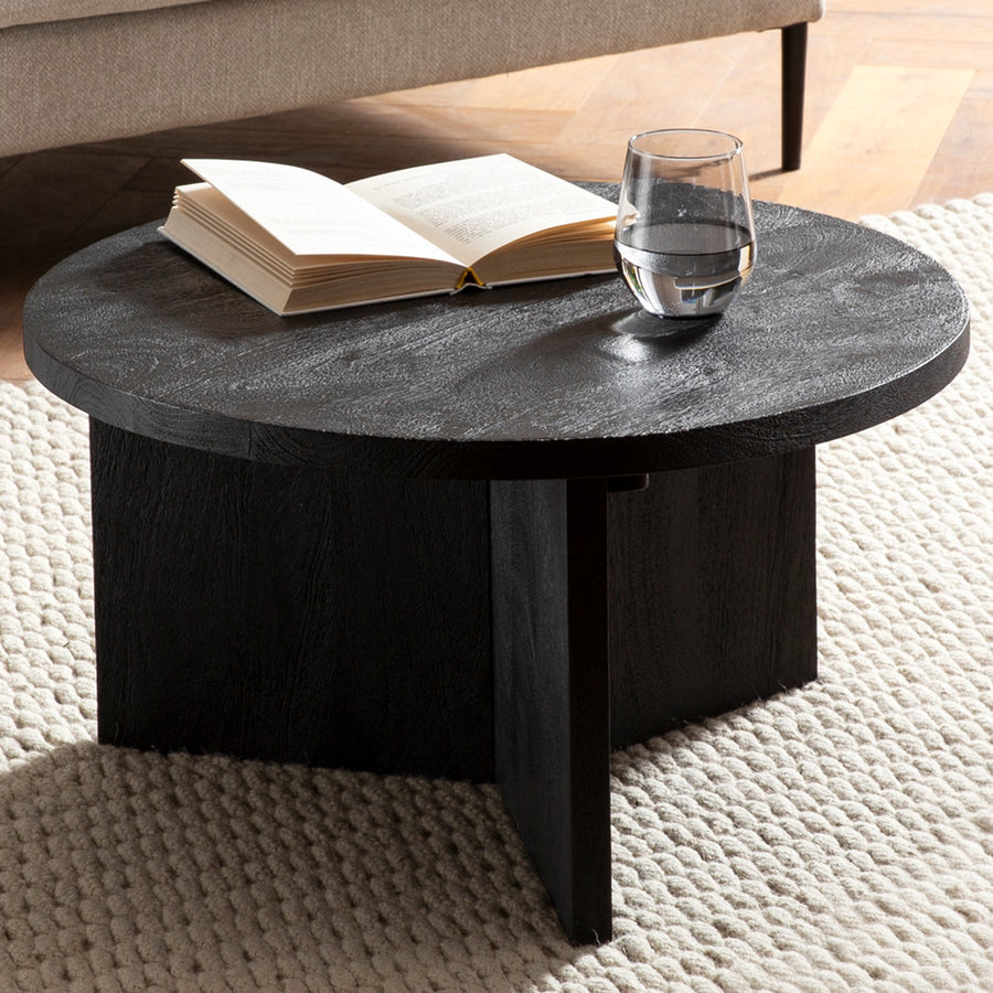 FineBuy Couchtisch Mango Massivholz rund Ø 60 cm Schwarz · Moderner Wohnzimmertisch mit strukturierter Oberfläche · Handgefertigter Sofatisch mit mark