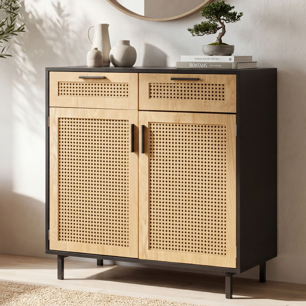 FineBuy Sideboard 80x86,5x40 cm Kommode Schwarz mit Wiener Geflecht, Hoher Kommodenschrank Zeitlos, Standschrank Wohnzimmer mit 2 Türen und Schubladen
