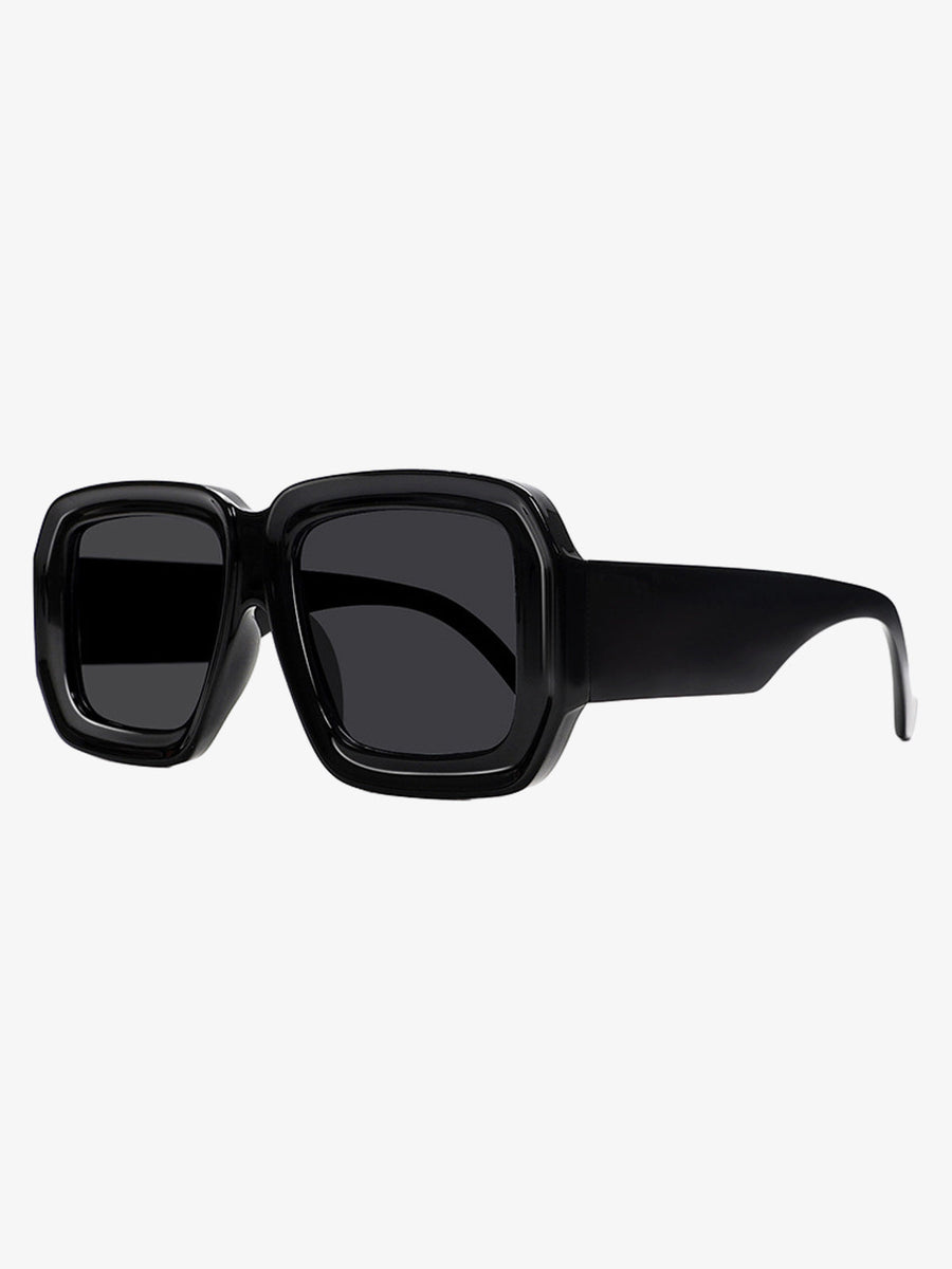 Retro Square Frame Wide Temple Sunglasses - Black Frame Gray Piece