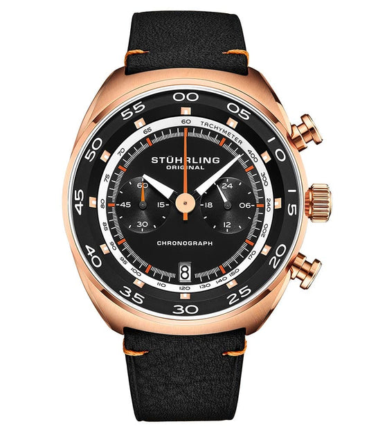Stührling Roadster Chronograph With Tachymeter 44mm Watch - Black Dial / Gold Case / Black Leather Strap Gold Tang Buckle
