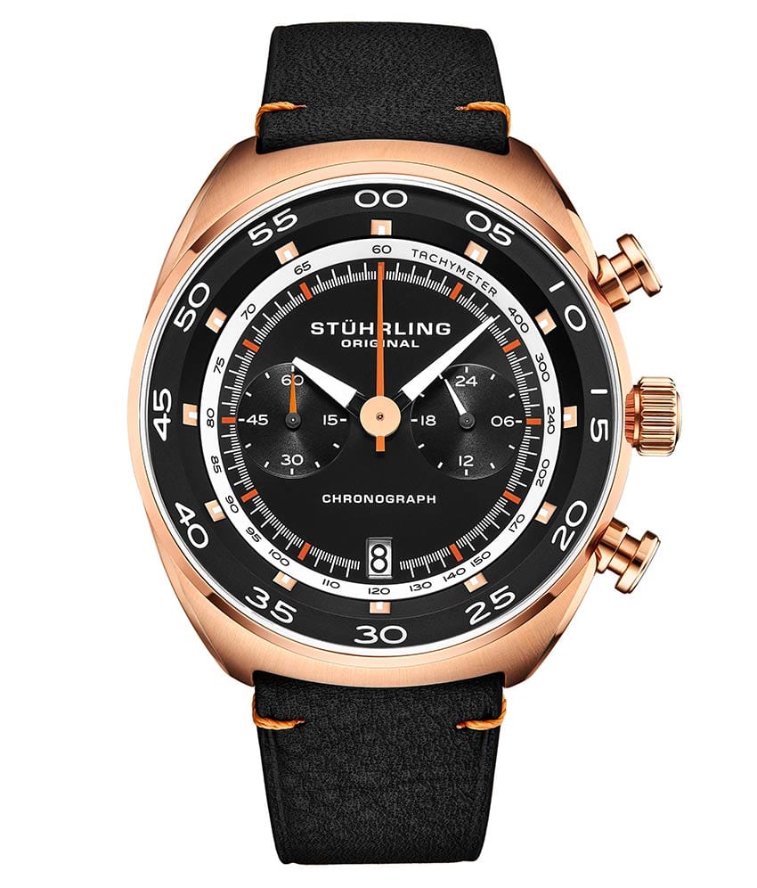Stührling Roadster Chronograph With Tachymeter 44mm Watch - Black Dial / Gold Case / Black Leather Strap Gold Tang Buckle