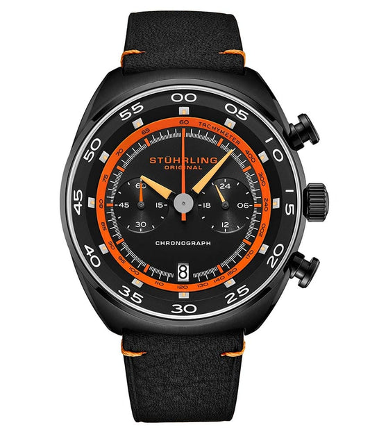 Stührling Roadster Chronograph With Tachymeter 44mm Watch - Black Dial / Black Case / Black Leather Strap Black Tang Buckle