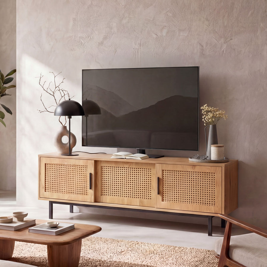 FineBuy Lowboard Eiche-Dekor mit Wiener Geflecht 120x45,5x40 cm TV-Kommode Zeitlos mit Schiebe-Türen, Design TV-Schrank Hoch, Fernsehtisch Fernsehschr