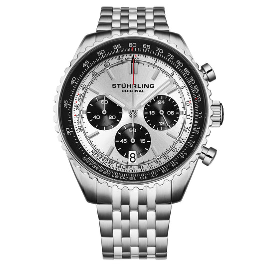 Raceway Chrono 1010B Mens 42mm - A classic silver sunburst dial with bold black chronograph sub-dials