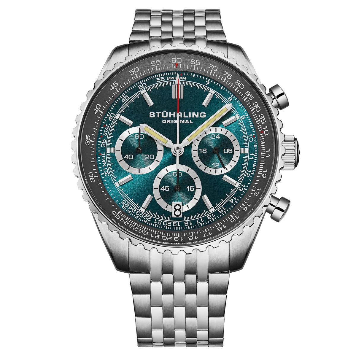 Raceway Chrono 1010B Mens 42mm - A vibrant teal dial accented by silver sub-dials