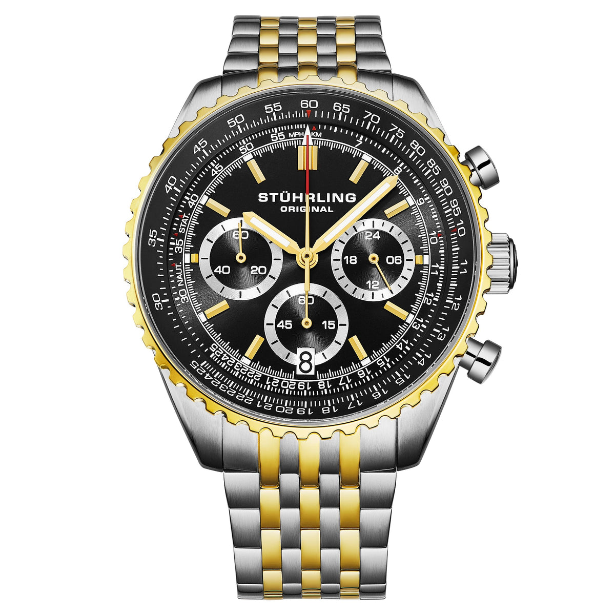 Raceway Chrono 1010B Mens 42mm - A bold black dial with gold accents and two-tone steel-and-gold bracelet