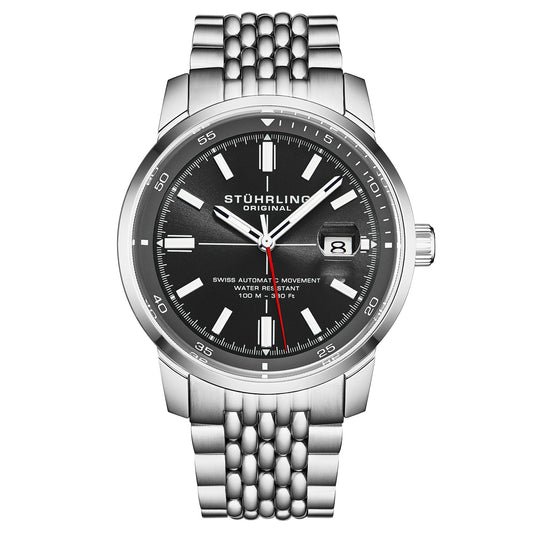 Stührling Trackmaster 1026 Automatic Men’s 42mm - Matte Black Dial/Gray Inner Ring/Stainless Steel Bracelet