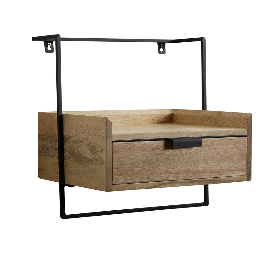FineBuy Nachtkonsole zur Wandmontage aus Mango Massivholz mit Schublade – schwebender Nachttisch, modernes Wandboard mit Stauraum fürs Schlafzimmer – 