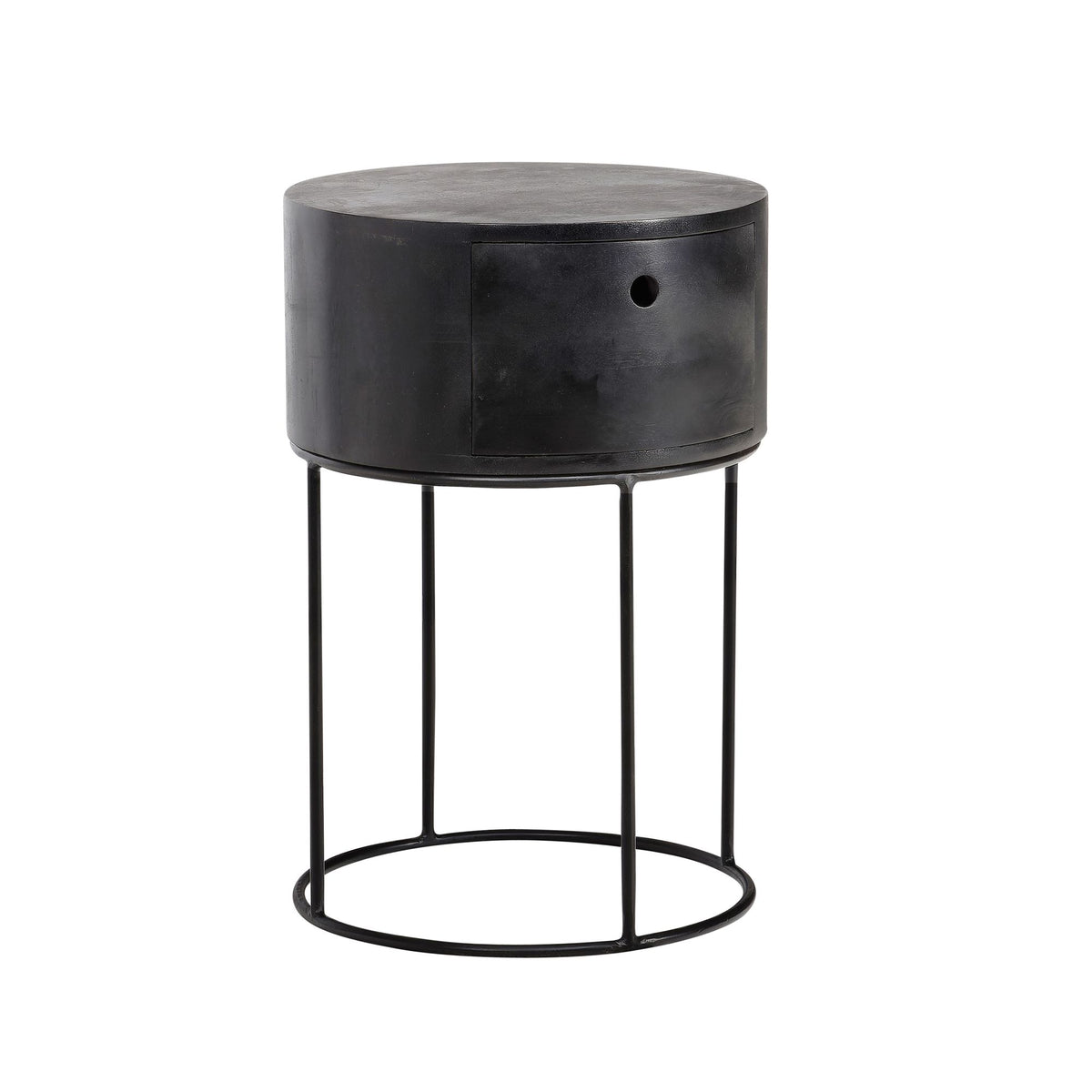FineBuy Nachtkonsole rund aus Massivholz mit Metallgestell und Schublade – moderner Nachttisch im Industrial Design mit Stauraum, Nachtkästchen ideal 